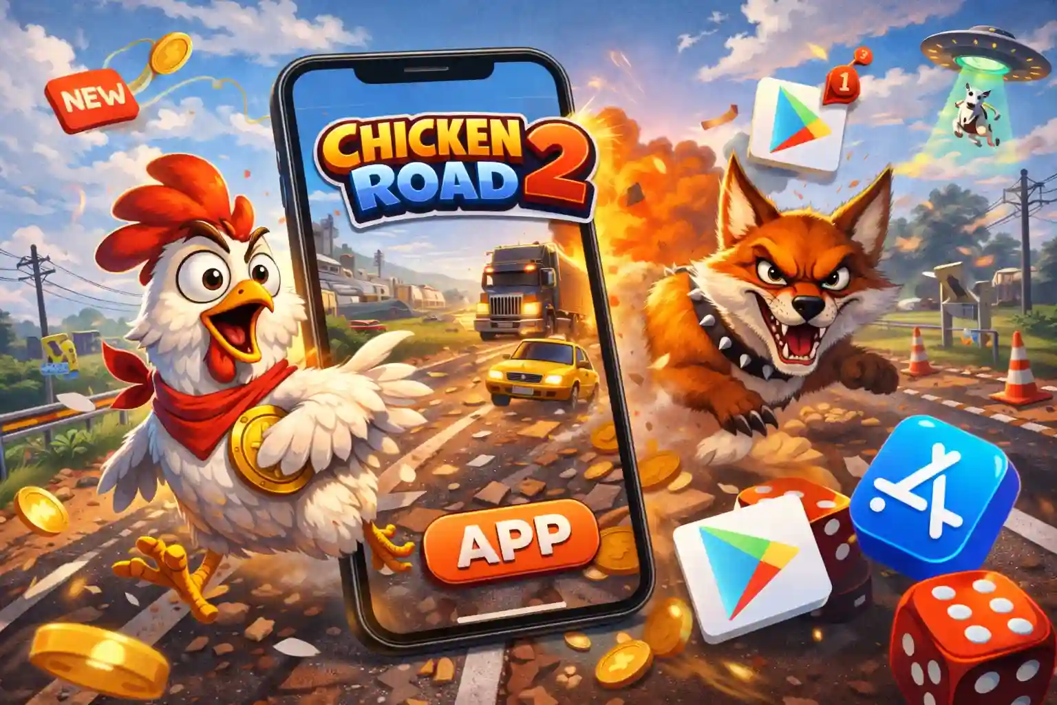 Ilustração da aplicação Chicken Road 2 com um frango cartoon, ecrã de gameplay no smartphone e cena dinâmica de ação na estrada