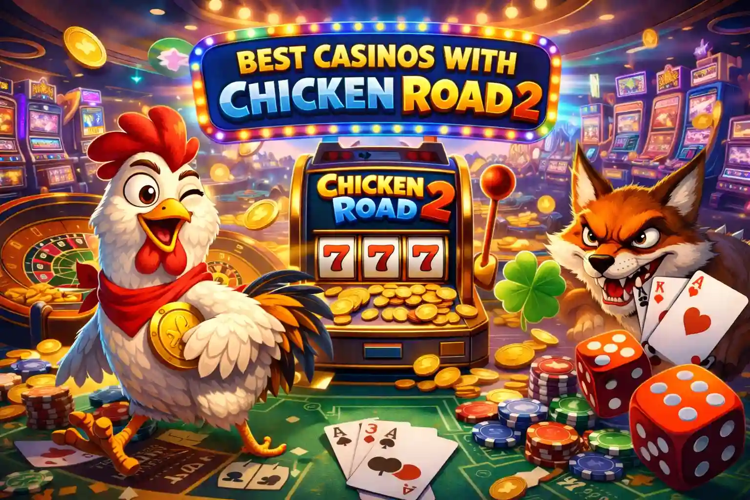 Melhores casinos online para Chicken Road 2 em Portugal com um galo cartoon, máquina slot e fichas de casino numa cena de jogo vibrante