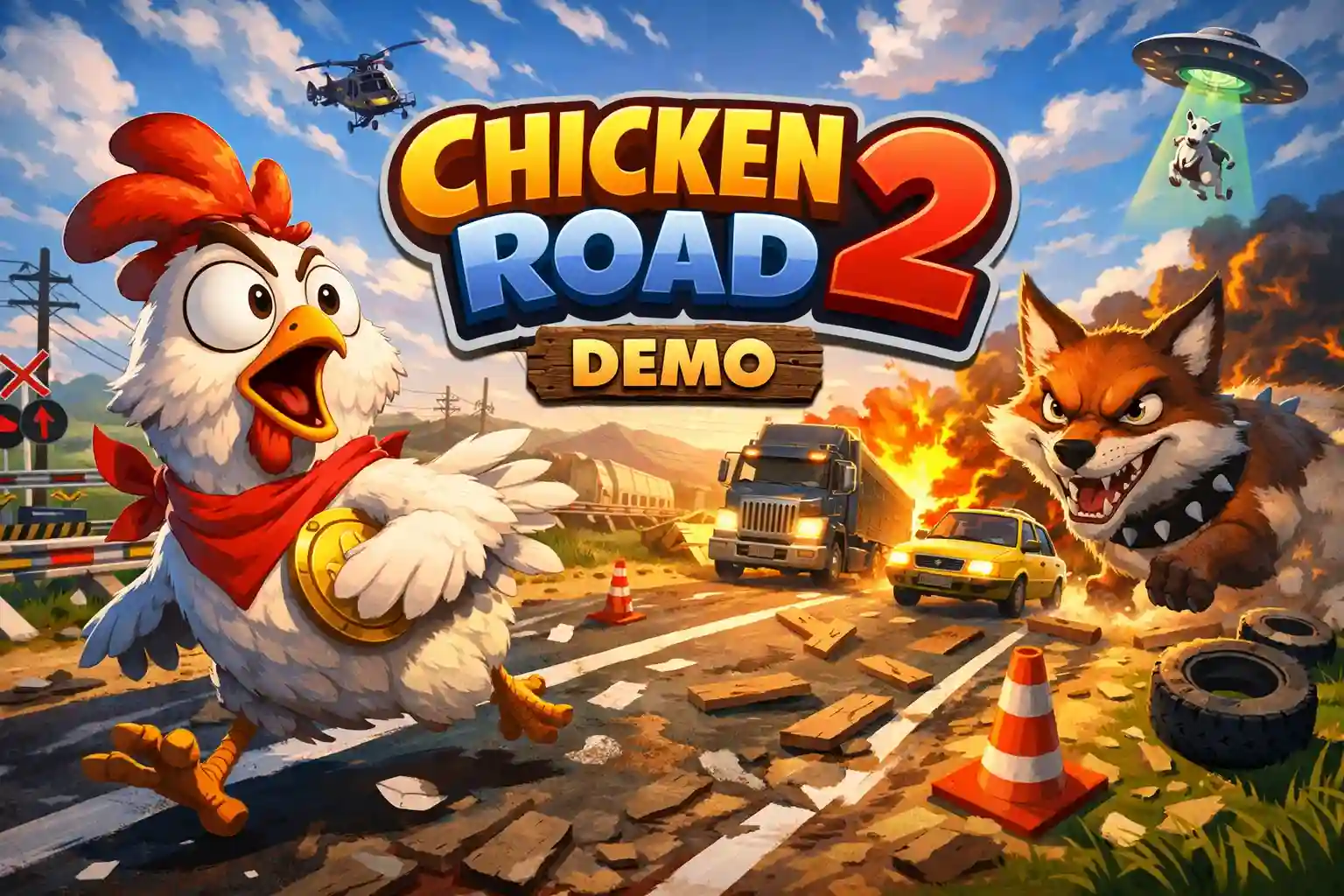 Capa do jogo demo Chicken Road 2 com um frango de desenho animado correndo por uma estrada caótica cheia de carros e obstáculos